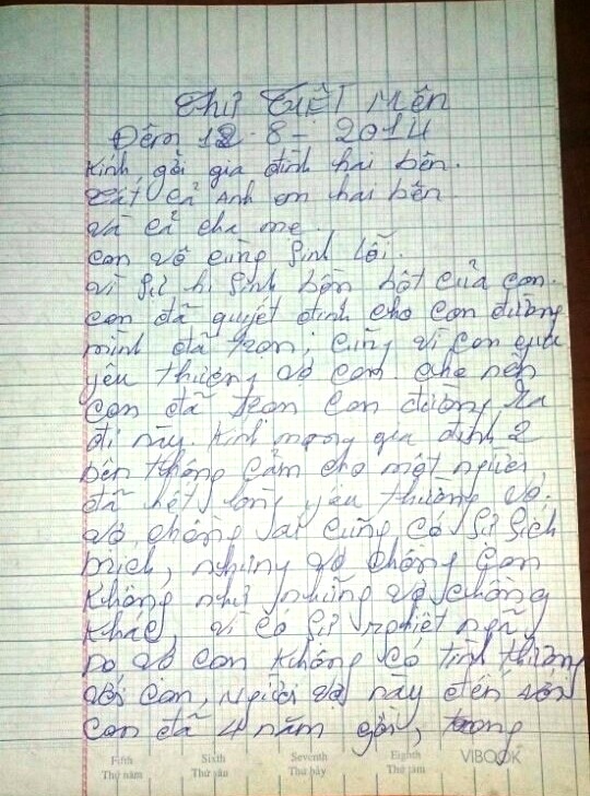 Lá thư tuyệt mệnh anh Bình viết xin lỗi người thân trước khi chết.