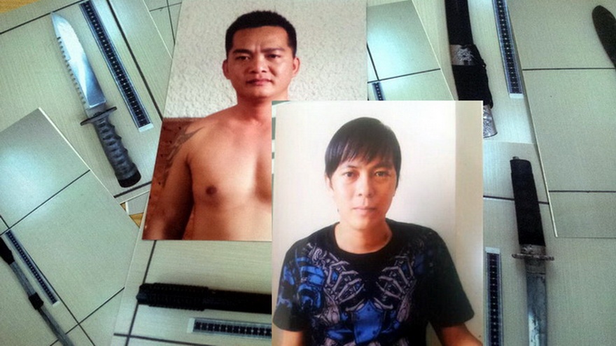 Trương Phong Hiền (bên trái) với hung khí nguy hiểm mà công an thu giữ được và Châu Ngọc Thưởng - “trùm” giang hồ Cần Thơ đang bị phát lệnh truy nã