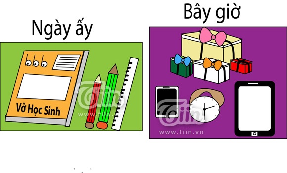 Ngày ấy mỗi lần sinh nhật xong là một đống đồ dùng học tập, nào vở, nào bút, nào thước kẻ. Lũ bạn mỗi đứa cầm một quyển vở tới. Giờ đây, quà tặng sinh nhật là quần áo, ipad, iphone,...