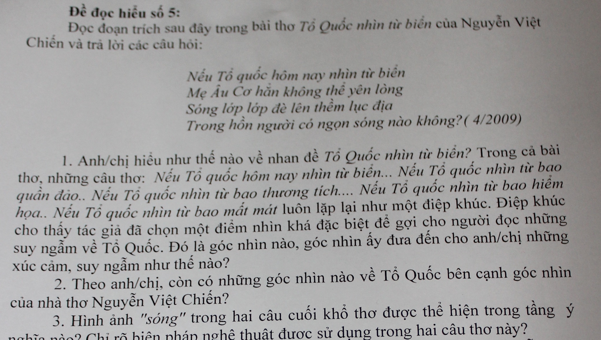 Đề bài phần đọc hiểu.