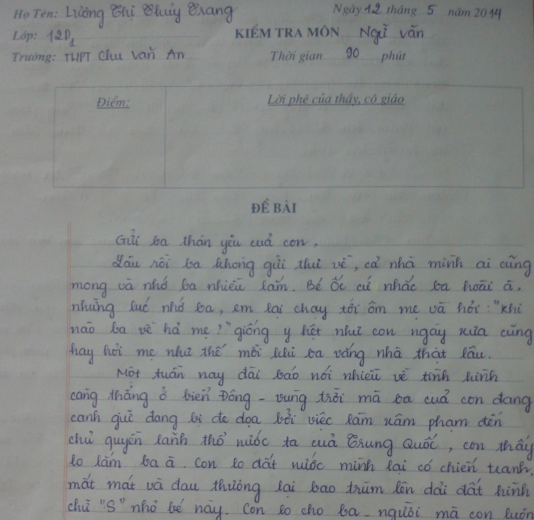 Bài văn xúc động của học sinh.