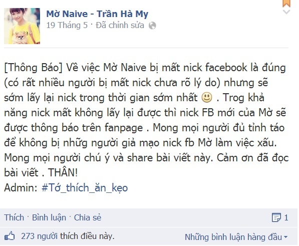 Trên trang fanpage của Mờ Naive chia sẻ về việc mất tài khoản Facebook.