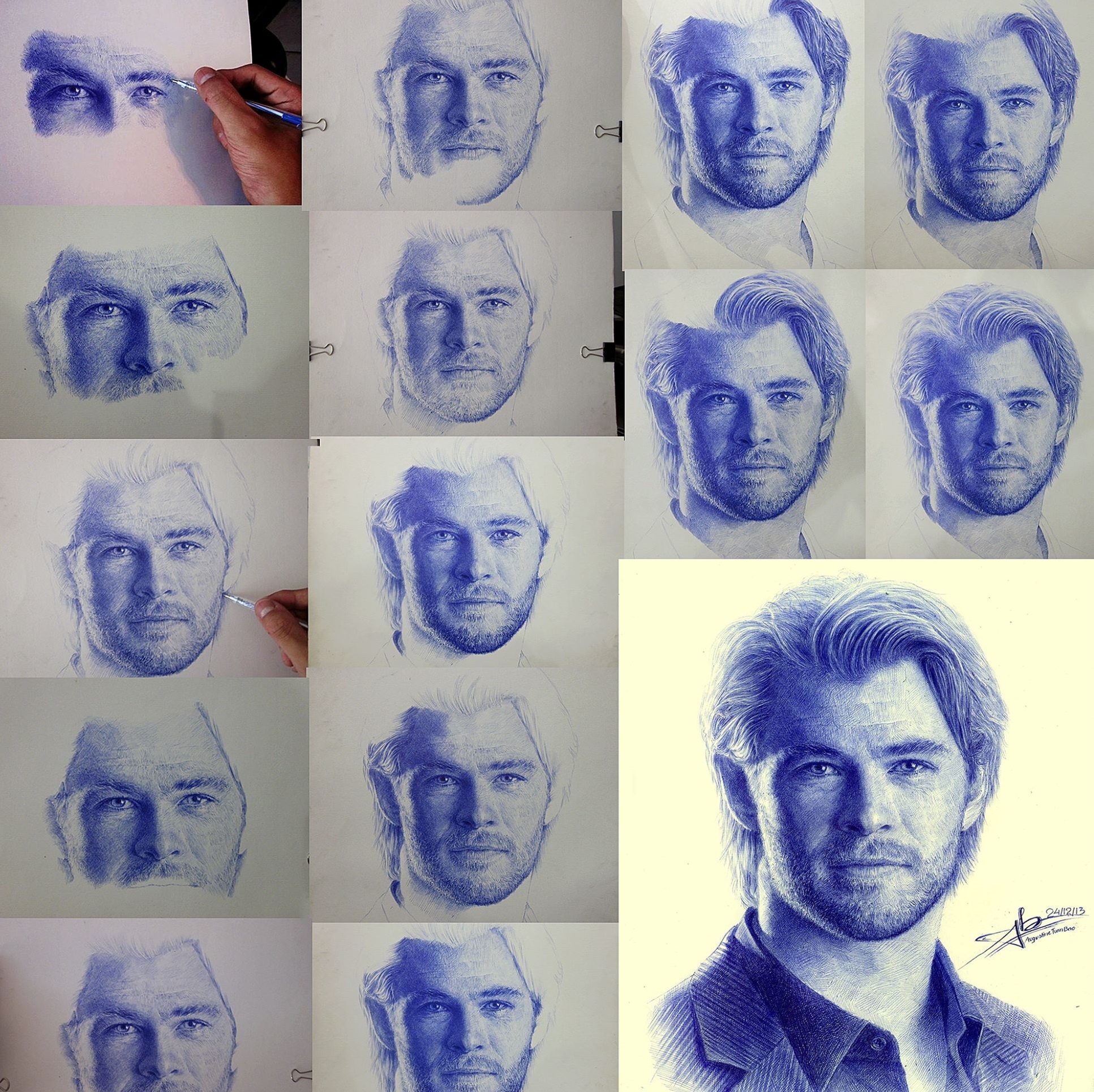 Vẽ bút bi đòi hỏi tỉ mẩn và cẩn trọng. Chàng trai này chia sẻ, đôi khi đang vẽ thì ngòi bút rỉ mực, mình phải lau khô ngòi bút. Hình ảnh này ghi lại quá trình hoàn thiện bức vẽ.