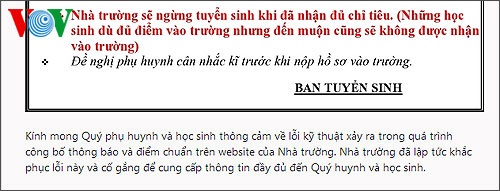 Thông báo của trường THPT Lương Thế Vinh Hà Nội về lỗi kỹ thuật xảy ra trong quá trình công bố thông báo và điểm chuẩn vào 10 trên website của nhà trường.