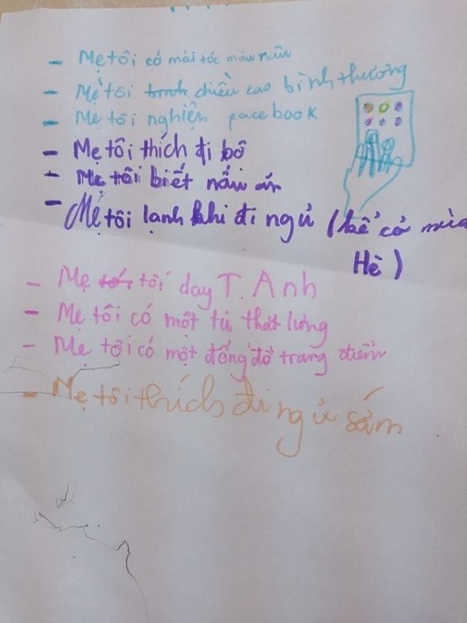 Trong lời chia sẻ về mẹ, học sinh đã khắc họa hình ảnh người mẹ đậm chất hiện đại: “Mẹ nghiện Facebook”, “Tóc màu đen hơi đỏ”, “Thích mặc váy”, “có một đống đồ trang điểm”. Anh Thư viết rất chân thành: 