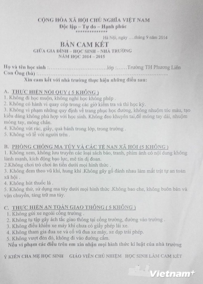 Bản cam kết của Trường Tiểu học Phương Liên gửi học sinh, phụ huynh.