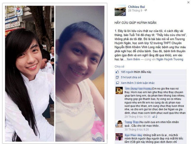 Hình ảnh Ngân và lời kêu cứu trên Facebook của thầy Bùi Chí Hiếu.