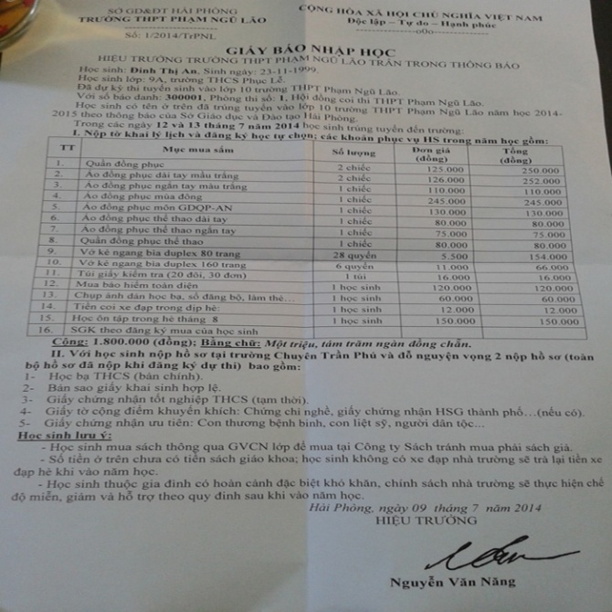 Thông báo thu tiền tạm thu đầu năm (chưa bao gồm học phí và quỹ xây dựng xã hội hóa tự nguyện) của trường THPT Phạm Ngũ Lão.