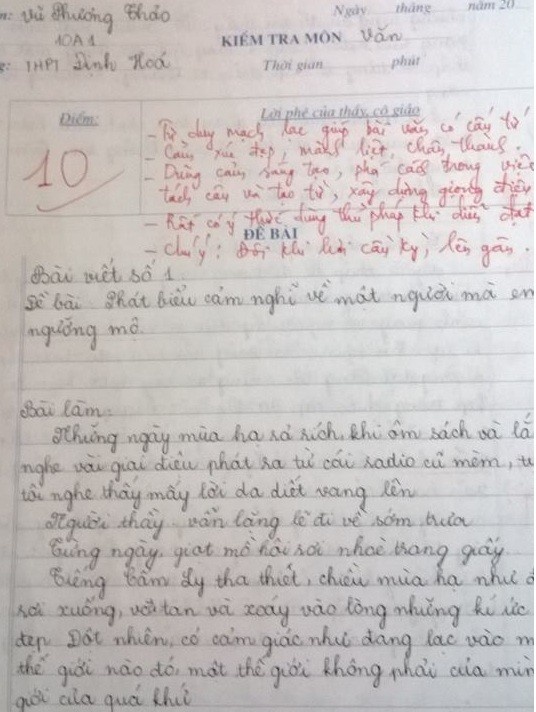 Bài văn của nữ sinh đạt điểm 10.