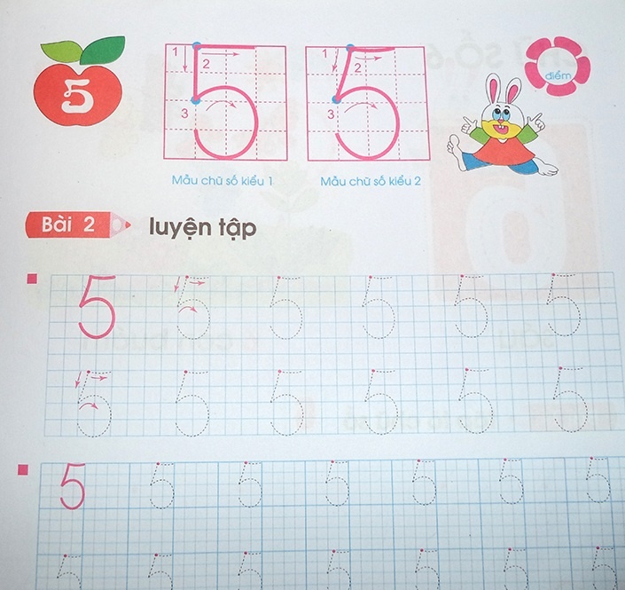 Viết chữ số 5 theo cách thứ nhất.