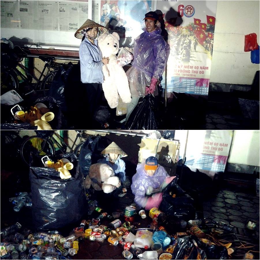 Thành Trung tặng gấu bông cho con gái của đôi vợ chồng nhặt rác trong đêm trên phố Hàng Bông.