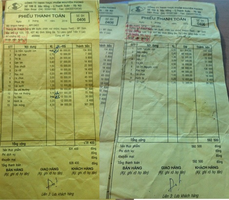 Phiếu thanh toán mua thực phẩm ngày 5 và 6/11/2014 của trường mầm non Bước Chân Vui Nhộn.
