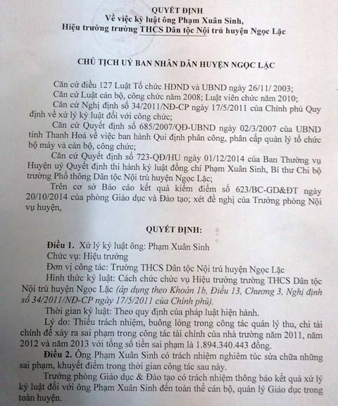 Quyết định cách chức đối với ông Phạm Xuân Sinh.