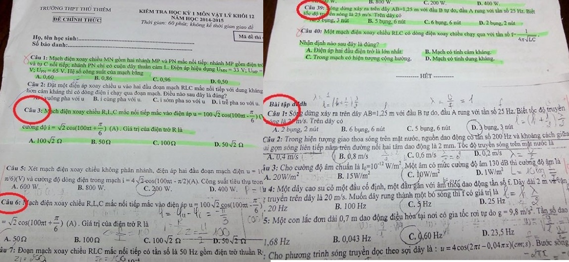 Câu 6 và câu 1 (khoanh tròn) trong phần bài tập tại lớp học thêm trùng với câu 3 và câu 39 (khoanh tròn) trong mã đề thi học kỳ 1 môn vật lý khối 1.