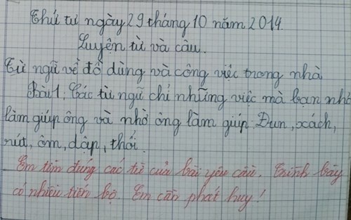 Lời nhận xét trên trang vở của học sinh.