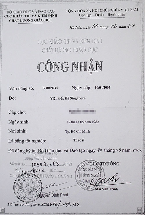 Giấy công nhận giả với số vào sổ 002976 do ông Đ. nộp cho Trường ĐH Văn hóa TP.HCM.