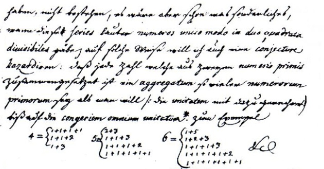 Một phần bức thư Goldbach gửi Euler.