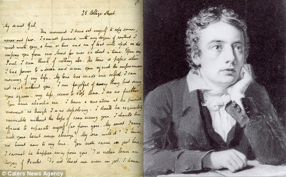 Nhà thơ John Keat và bức thư năm 1819 gửi cô hàng xóm Fanny Brawne để bày tỏ rằng ông không thể sống mà thiếu nàng xếp ở vị trí thứ ba.