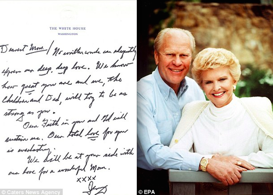 Bức thư Gerald Ford viết cho vợ Betty sau khi bà bị chẩn đoán bệnh ung thư đứng ở vị trí số 9.