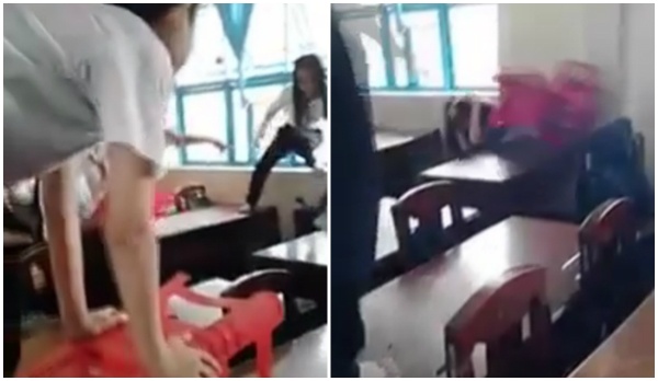 Nữ sinh đánh bạn ở Trà Vinh. Ảnh: Cắt từ clip.