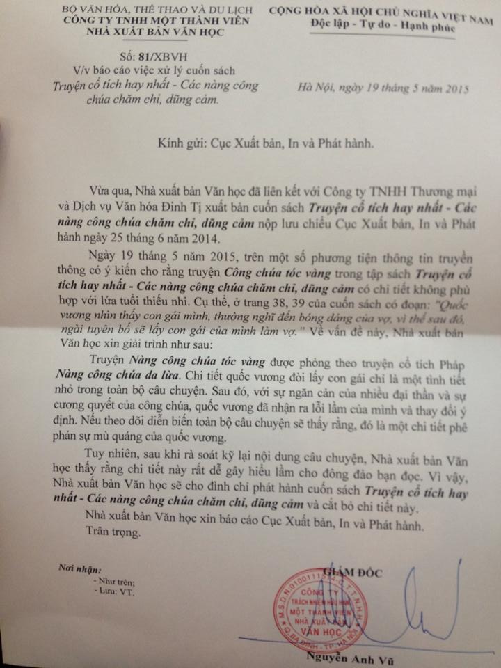 Công văn của NXB Văn học gửi Cục Xuất bản
