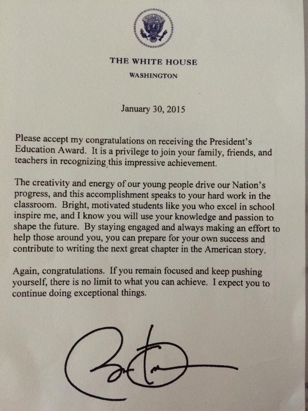 Bức thư từ Tổng thống Obama gửi cho Đỗ Nhật Nam.
