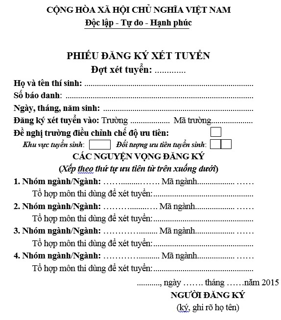 Phiếu đăng ký xét tuyển.