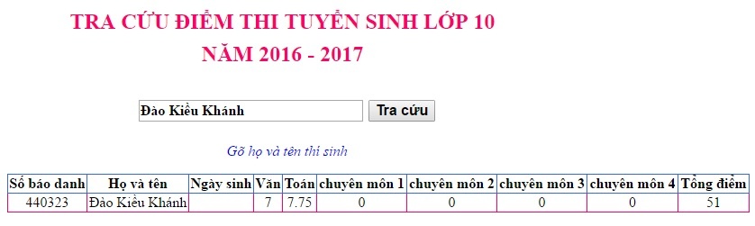 diem thi vao lop 10 anh 1