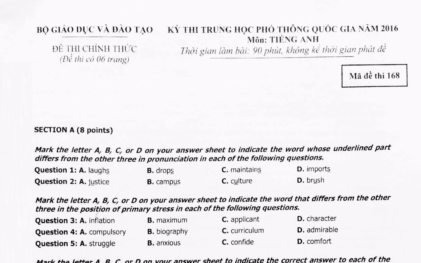 Bai giai, de thi Tieng Anh THPT quoc gia 2016 hinh anh