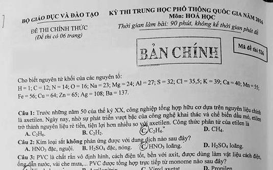 Bai giai, de thi mon Hoa hoc THPT quoc gia 2016 hinh anh