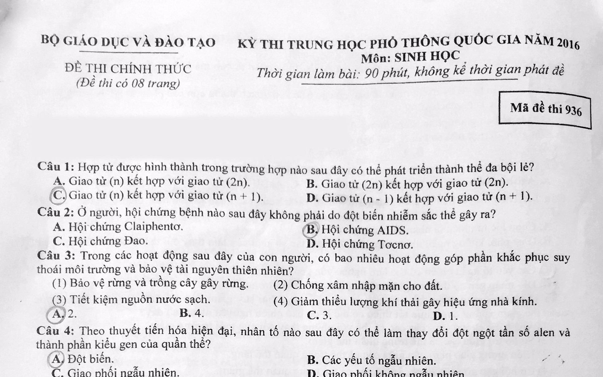 Bai giai, de thi mon Sinh hoc THPT quoc gia 2016 hinh anh