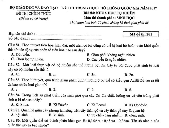 De thi, bai giai mon Sinh hoc THPT quoc gia 2017 hinh anh