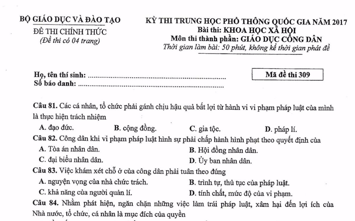 De thi mon Giao duc cong dan THPT quoc gia 2017 hinh anh