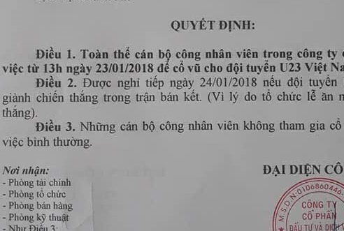 Cong ty cho nhan vien nghi lam 2 ngay neu U23 Viet Nam thang ban ket hinh anh
