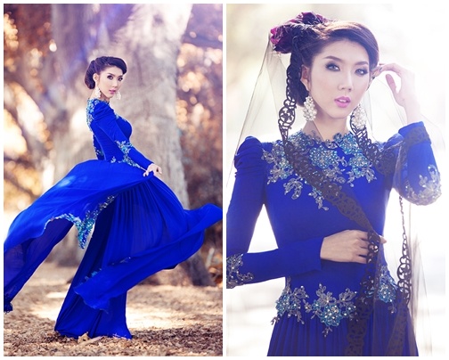Ngoc Quyen dien ao dai cuoi khoe ve tinh khoi hinh anh