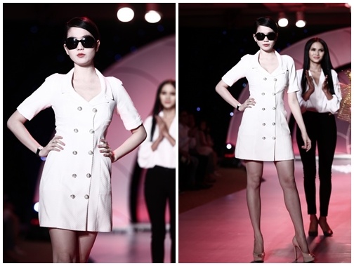 Ngoc Trinh deo kinh den lanh lung tren san catwalk hinh anh
