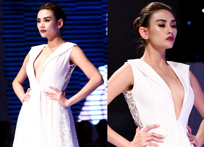 Hoang Yen kieu sa trong dam trang khoet co V goi cam hinh anh