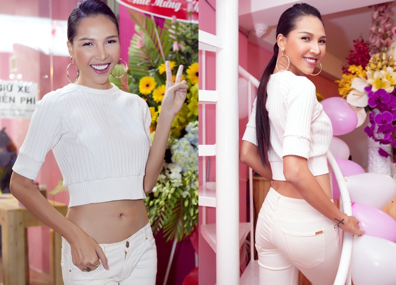 Minh Trieu dien ao crop top len lo vong eo phang ly hinh anh