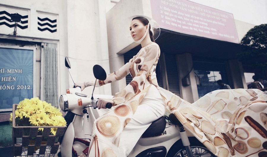 Minh Trieu an tuong voi ao dai hoa tiet may tre, trai cay hinh anh