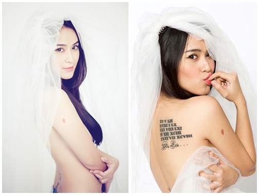 Dien vien 'Qua tim mau' chup anh ban nude, khoe hinh xam hinh anh