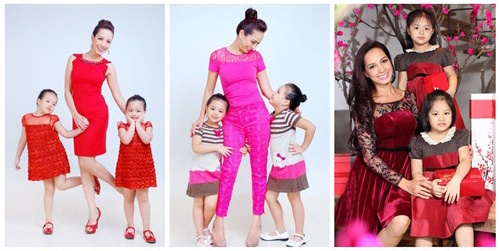 Suli - Suti làm dáng bên cạnh mẹ Thúy Hạnh. 2 cô công chúa rất đáng yêu, tự nhiên và tạo dáng rất dễ thương. Cô luôn chọn những tong màu tươi sáng và trẻ trung cho Suli - Suti như hồng, đỏ, xanh…