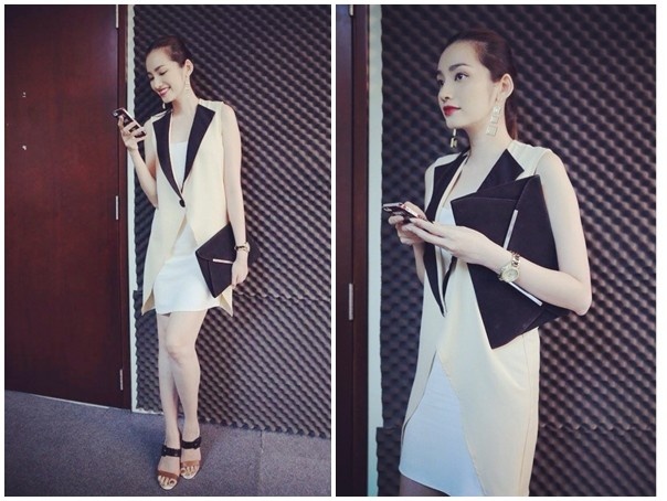 Là một trong những tín đồ sành mốt, Trúc Diễm đón đầu xu hướng diện áo vest tay trần, chất liệu mỏng nhẹ. Vạt áo tối giản với đường cắt dứt khoát, hiện đại. 