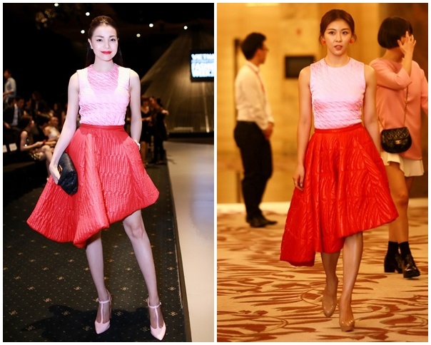 Người mẫu Trà Ngọc Hằng nổi bật với bộ trang phục của thương hiệu Dior nổi tiếng. Chiếc áo sát nách màu hồng kết hợp với chân váy mullet màu đỏ cam vô cùng bắt mắt. Bộ trang phục đã giúp cô thu hút được sự chú ý và nhận không ít lời khen ngợi của các khách mời. Được biết, chiếc váy này thuộc bộ sưu tập Thu Đông 2014 của thương hiệu lừng danh Dior có giá khoảng hơn <abbr class=