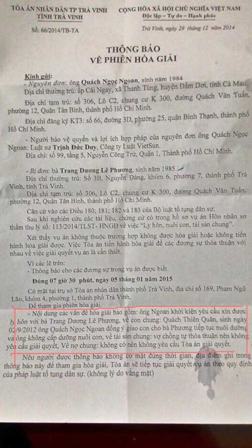 Sau khi rút đơn ly hôn, Quách Ngọc Ngoan tự mình đi nộp lại đơn lên tòa án với nội dung sẽ đồng ý giao con cho vợ cũ nuôi dưỡng và không cấp dưỡng cho con.