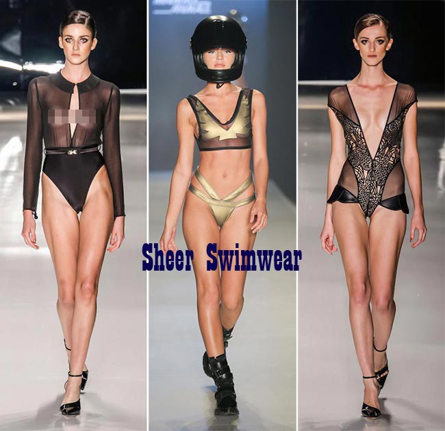 Bikini xuyên thấu: Chất liệu dành cho nội y được sử dụng trên các thiết kế áo tắm mùa hè 2015. Phong cách này tượng trưng cho vẻ đẹp gợi cảm, quyến rũ. Điểm nhấn ren xuyên thấu có thể được đặt ở vai áo, diềm quần, hoặc phủ kín.