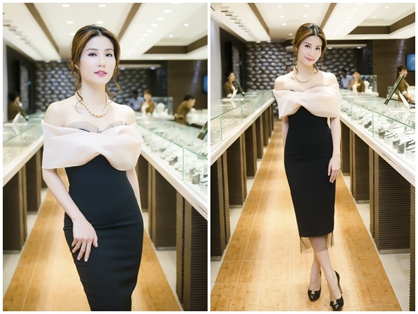 Diễm My 9X có cách chọn trang phục thanh lịch, nền nã khi góp mặt ở buổi khai trương nhãn hàng tại TP HCM - ngày 15/4. Bộ váy tối màu thêm phần cuốn hút nhờ kiểu dáng trễ nải để lộ vai thon gợi cảm. Kiểu tóc và tông trang điểm nữ tính phù hợp với tổng thể sang trọng.