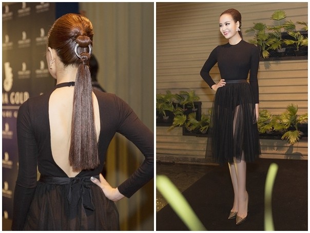 Tham dự sự kiện Elle Awards, Hoàng Thùy Linh diện trang phục tông đen tuyền quyến rũ. Thiết kế voan mỏng để lộ đôi chân thon, thân áo có khoảng hở cuốn hút khoe lưng trần. Nữ ca sĩ Hà thành thêm phần ấn tượng với mái tóc tạo kiểu cá tính. 