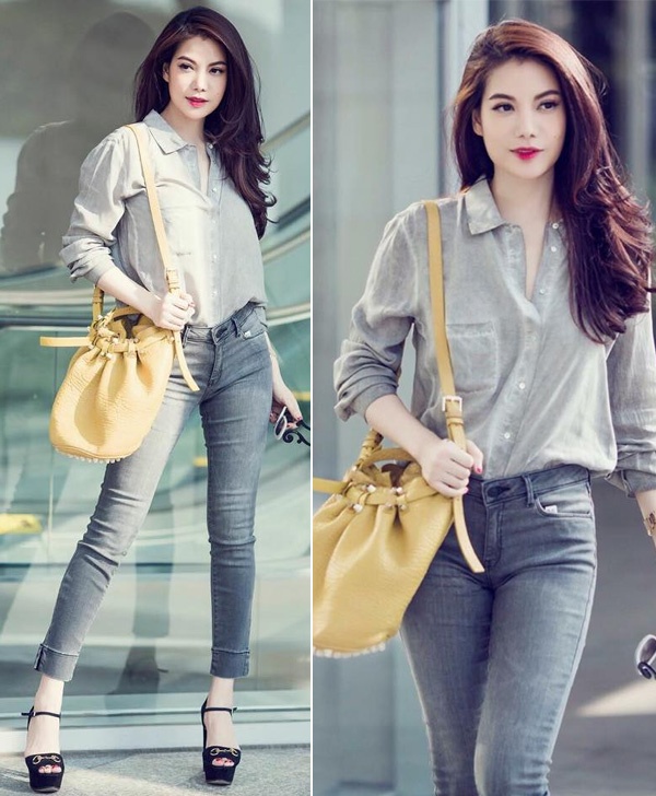 Trương Ngọc Ánh ngày càng khiến công chúng phải trầm trồ về gu thời trang. Quần skinny và áo sơ mi màu tro giúp cô 