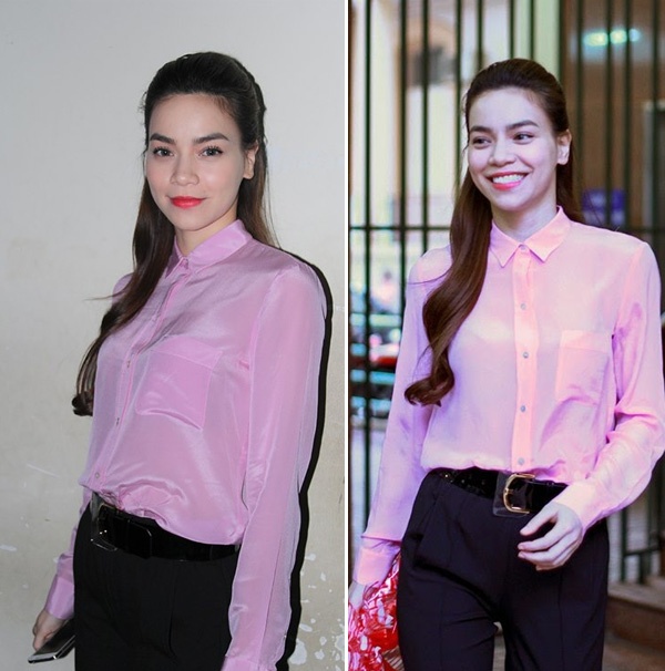 Hà Hồ kín đáo, nhưng rất thanh lịch và dễ thương khi mặc áo sơ mi hồng phối với quần tây. Thắt lưng to bản là điểm nhấn cho thân hình thêm phần cuốn hút.