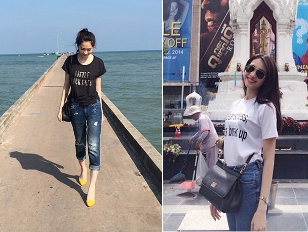 Hoa hậu Việt Nam Đặng Thu Thảo cũng toát lên vẻ đẹp xinh tươi, rạng rỡ với quần jeans rách và áo phông slogan.